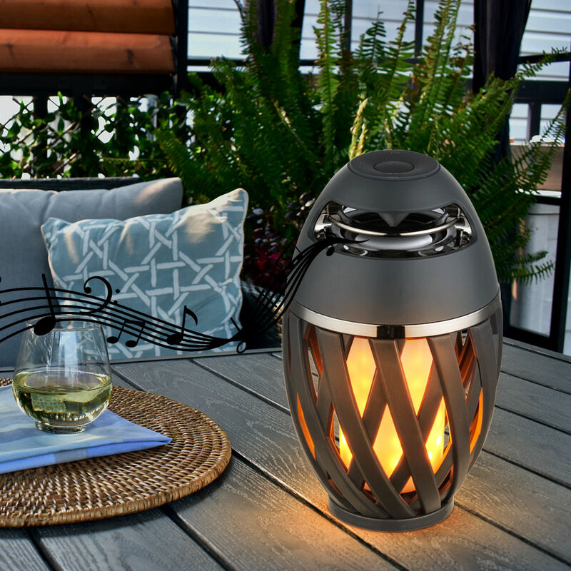 Image of Lampada da tavolo da esterno con effetto fuoco e altoparlante Bluetooth lampada da tavolo torcia deco antracite bianco opalino, led, batteria, cavo