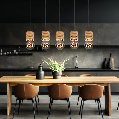 Lampada da tavolo da pranzo a sospensione lampada a sospensione in legno tavolo da pranzo in legno lampade in legno sospese a soffitto, metallo MDF nero, attacco 5x E27, LxLxA 116x10x120 cm