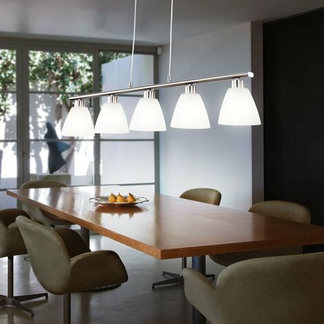 Lampada da tavolo da pranzo lampada a sospensione lampada da tavolo da pranzo a sospensione argento regolabile in altezza, 5 fiamme, metallo nichel vetro bianco 5x prese E14 HxLxL 120x93x13cm