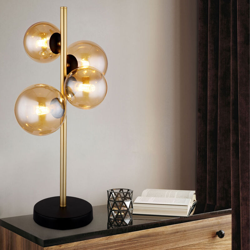 Image of Lampada da tavolo da soggiorno in ottone Lampada da tavolo industriale sfera ambra Lampada da lettura a led, vetro metallo, 4x led 3,5W 350Lm bianco