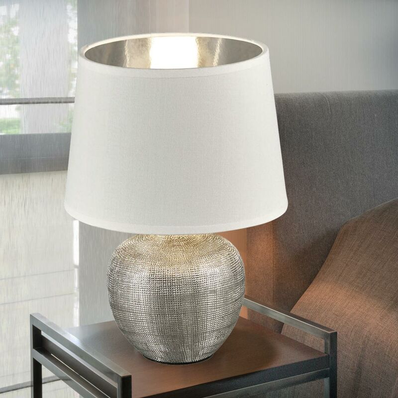 Image of Lampada da tavolo per scrivere lampada in ceramica da soggiorno in tessuto bianco-argento in un set di lampadine a led