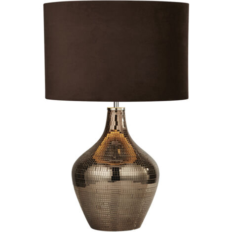 Lampada da tavolo Disco - Mosaico in ceramica e paralume in pelle scamosciata marrone