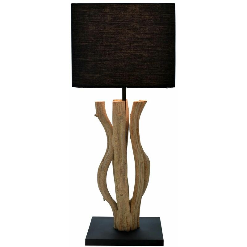 Image of Lampada da tavolo in legno di deriva con paralume in tela color nero Lampada di design realizzata a mano ideale per il soggiorno - Legno (natura),