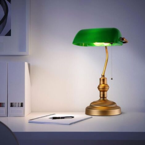 Lampada da tavolo e scrivania in stile retrò vintage da banchiere con paralume in vetro verde e ottone per lampadina LED E27, soggiorno, testiera da banchiere americano [Classe energetica A] NPTERBL