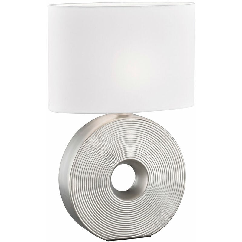 Image of Lampada da tavolo argento luce laterale moderna lampada da comodino ovale, lampada da lettura luminosa di design paralume in tessuto bianco,