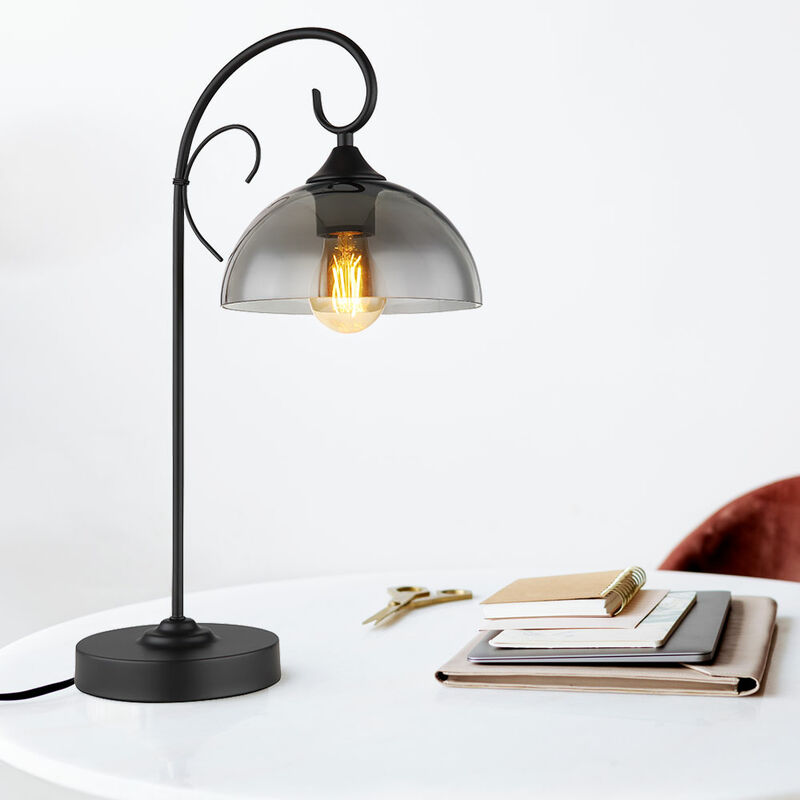 Image of Globo - Lampada da tavolo fumo lampada da comodino lampada da tavolo vetro fumo camera da letto, metallo nero, 1x attacco E27, LxPxH 33,5x20x52 cm