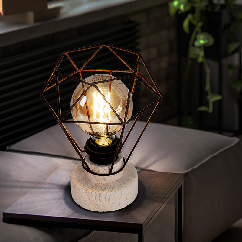 Image of Lampada da tavolo, lampada in legno, griglia, lampada da soggiorno, rovere ruggine Lampada da tavolo con interruttore a cavo, metallo, 1x attacco