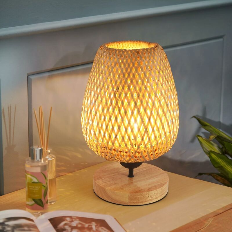 Image of Goeco - Lampada da tavolo in bambù intrecciato, lampada da comodino con paralume in bambù di design, lampada da lettura con base in legno naturale