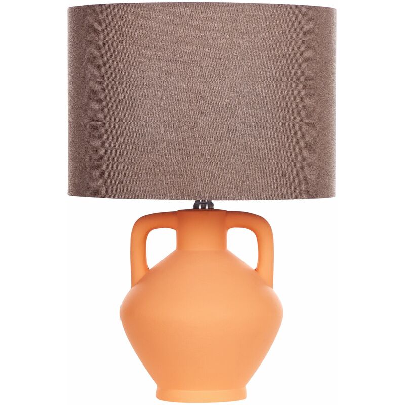Image of Lampada da tavolo in ceramica arancione con paralume a tamburo in lino Labrada
