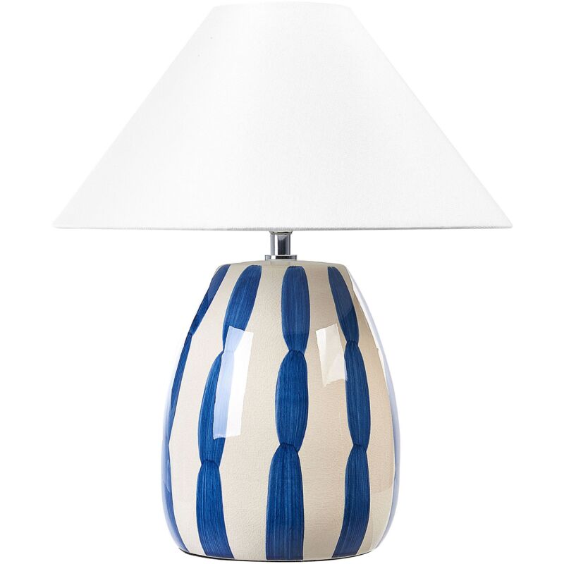 Image of Lampada da tavolo in ceramica beige e blu paralume bianco 41 cm Luchetti