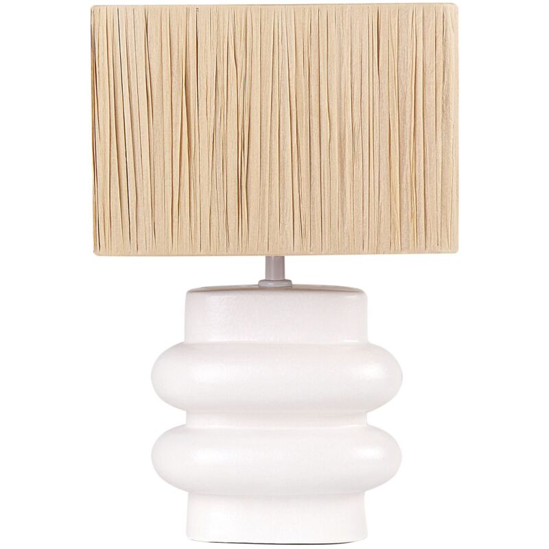 Image of Lampada da tavolo in ceramica bianca con paralume a tamburo in lino Judy