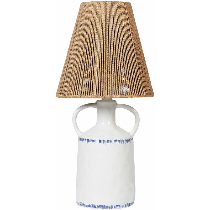Image of Lampada da tavolo in ceramica con paralume in vimini naturale e carta a cono bianca Larissos - Bianco