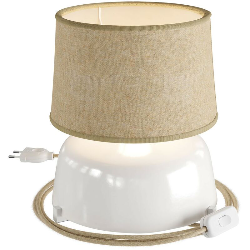 Image of Lampada da tavolo in ceramica Coppa con paralume Athena, completa di cavo tessile, interruttore e spina a 2 poli Con lampadina - Bianco lucido - Juta