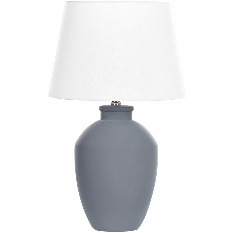 Image of Lampada da tavolo in ceramica grigia con paralume in lino e base minimalista Arcos