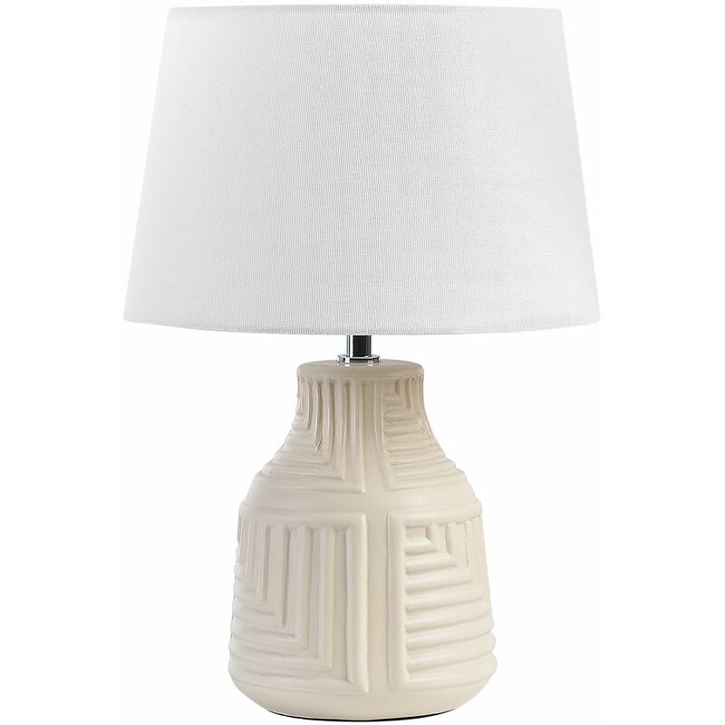 Image of Lampada da tavolo in ceramica lino beige bianco 42 cm paralume scrivania in tessuto Ozama