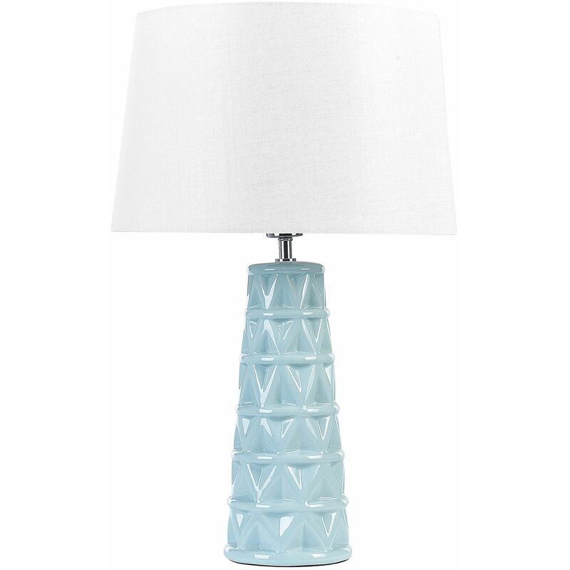Image of Lampada da tavolo in ceramica bianco blu lino 63 cm paralume in tessuto base Vinces