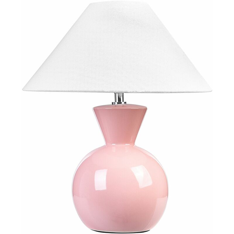 Image of Lampada da tavolo in ceramica rosa lino bianco base 40 cm paralume in tessuto Ferry