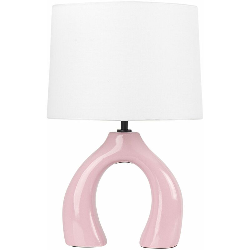 Image of Lampada da tavolo in ceramica rosa con paralume a tamburo in lino Abbie