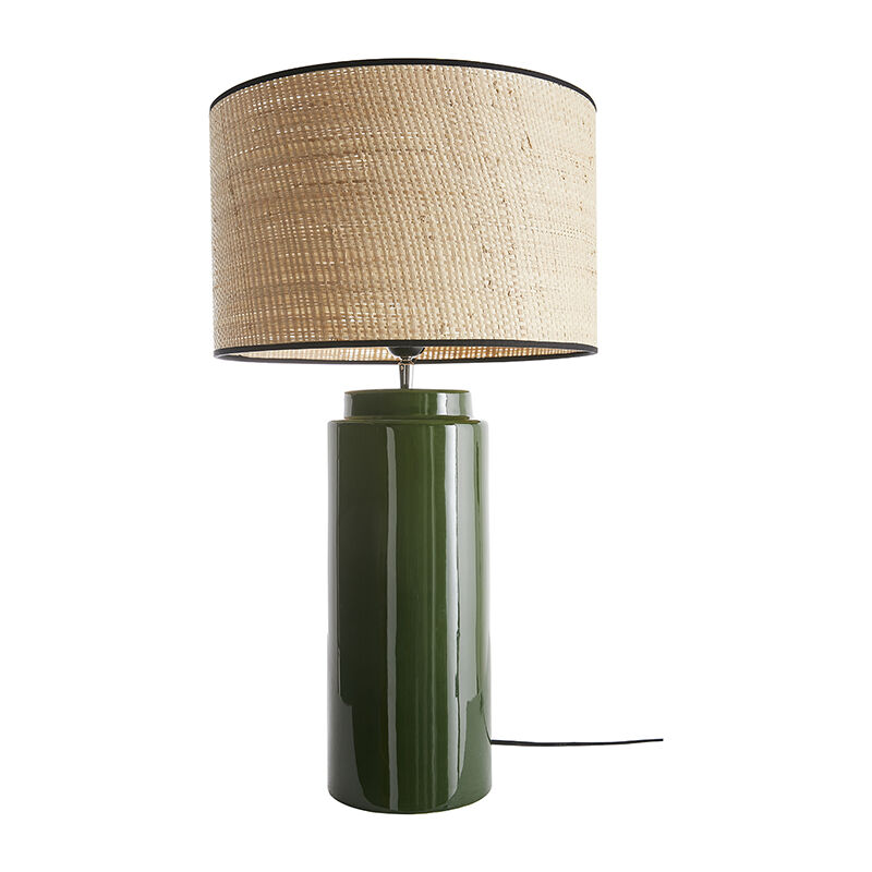 Image of Lampada da tavolo in ceramica smaltata verde e paralume in rafia naturale H64 cm MAJES - Verde