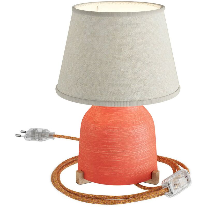 Image of Lampada da tavolo in ceramica Vaso con paralume Impero, completa di cavo tessile, interruttore e spina a 2 poli Senza lampadina - Corallo striato