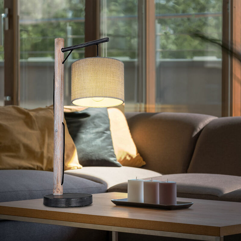 Image of Lampada da tavolo retrò lampada in legno camera da letto lampada da tavolo lampada da comodino tessuto grigio, metallo nero, 1x attacco E27, LxLxA