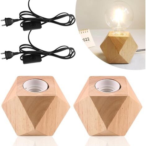 Lampada da tavolo in legno da 2 pezzi, lampada da comodino con base in legno E27, piccola lampada da comodino con base in legno a forma di diamante, spina UE con base in legno E27, perfetta per camera