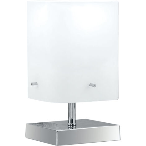 "Lampada da tavolo in metallo cromato e diffusore in vetro bianco"