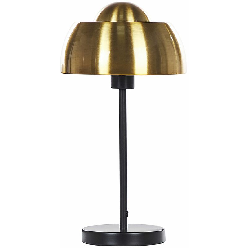 Image of Lampada da tavolo rotonda in metallo nero e oro in stile industriale con paralume a cupola Senette - Nero