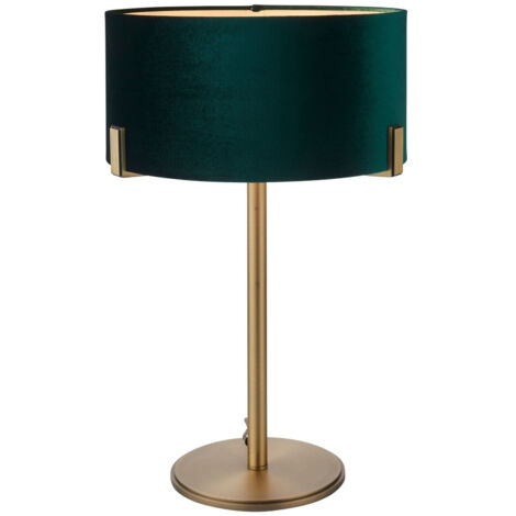 Lampada da tavolo in ottone anticato opaco, paralume in velluto verde