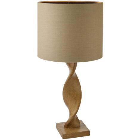 Lampada da tavolo in resina effetto rovere, paralume in lino naturale
