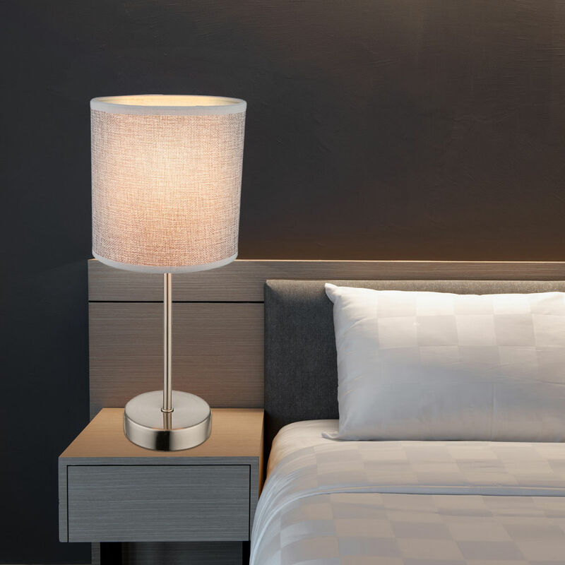Image of Lampada da tavolo paralume grigio Lampada da comodino alta 35 cm Lampada da tavolo argento moderna, tessuto, 1x E14, DxH 15x35 cm