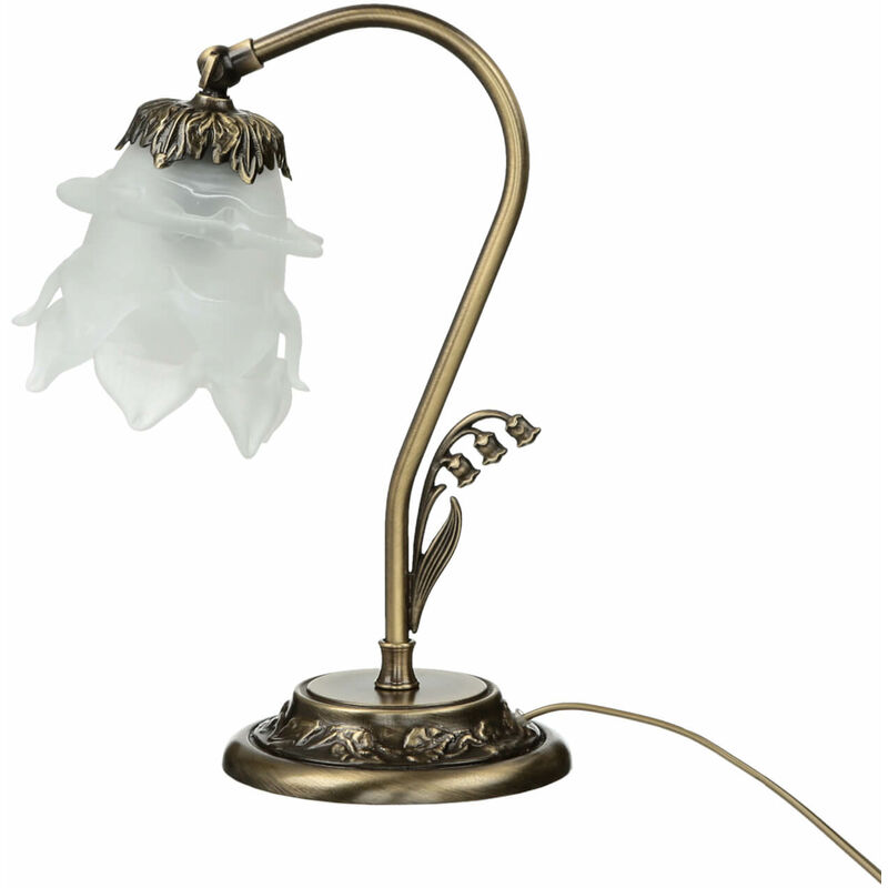 Image of Lampada da tavolo dal design floreale in vetro con paralume a forma di fiore color bianco e base in ottone per scrivania comodino - Bronzo chiaro