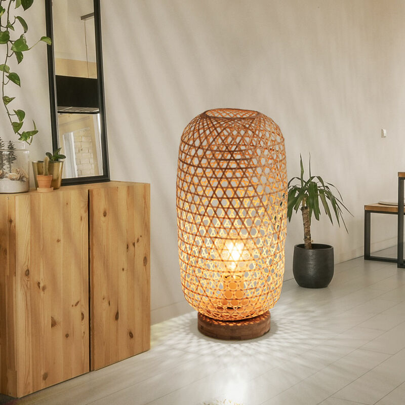 Image of Lampada da tavolo intreccio di bambù lampada da tavolo bambù luce laterale boho soggiorno, naturale, 1x attacco E27, DxH 22x46 cm