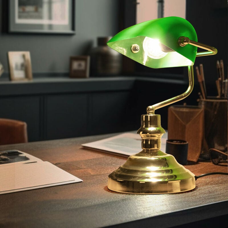 Image of Globo - Lampada da tavolo lampada da banchiere lampada da scrivania in ottone lampada da ufficio verde, 1x E27, LxPxH 25x19x36 cm, studio