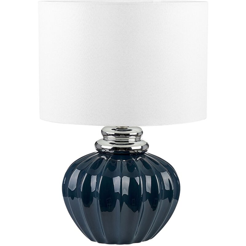 Image of Lampada da tavolo in ceramica in color blu scuro e bianco crema 45 cm Neris