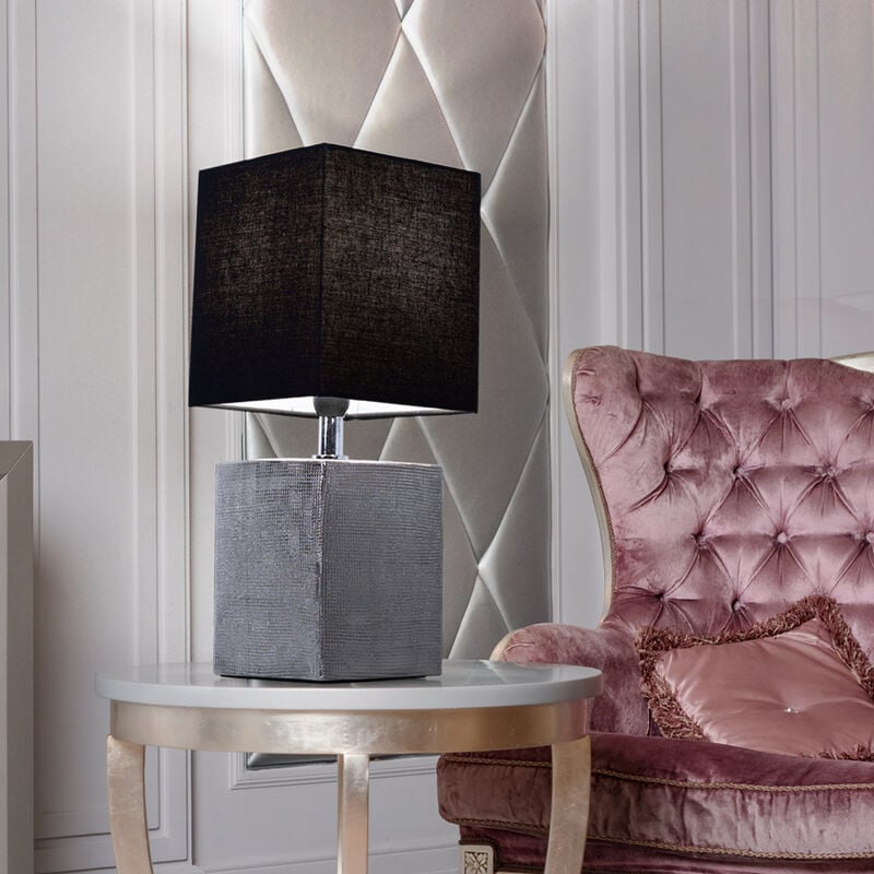 Image of Etc-shop - Lampada da tavolo lampada da comodino in ceramica argentata lampada da soggiorno lampada da lettura, tessuto nero, 1x E14, LxLxA 14 x 14 x