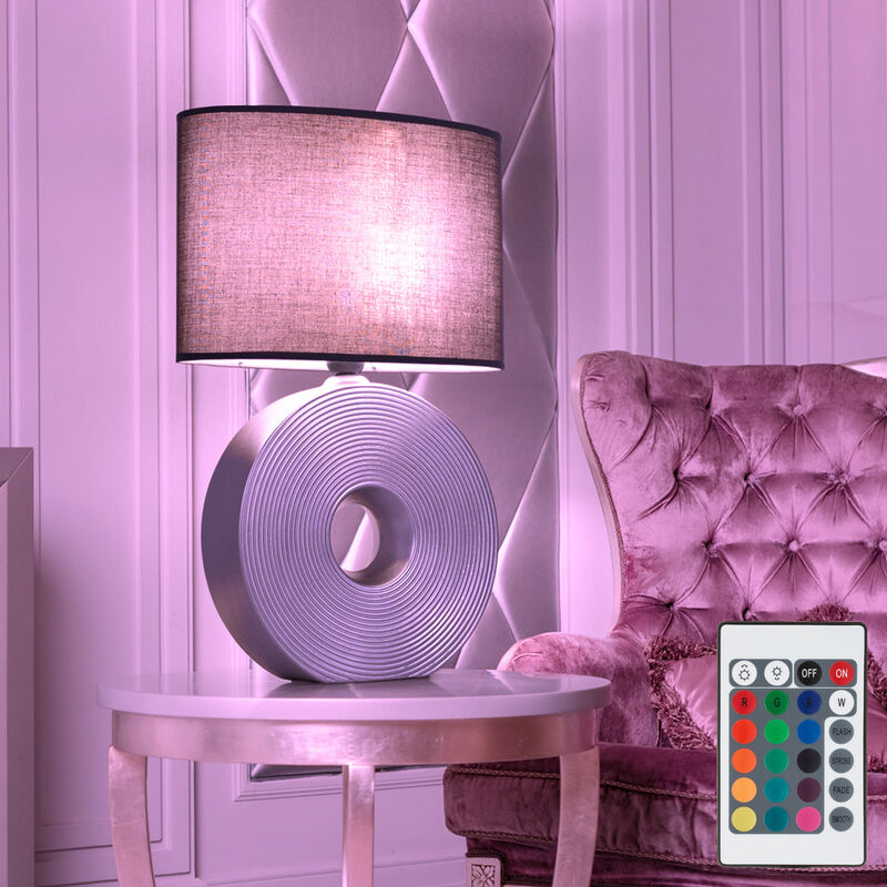 Image of Globo - Lampada da tavolo lampada da comodino in ceramica paralume in tessuto antracite lampada laterale argento, chintz, telecomando dimmerabile, 1x