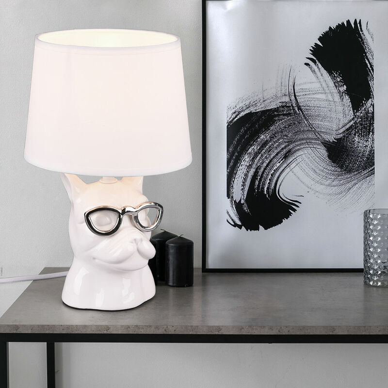 Image of Lampada da tavolo lampada da comodino in ceramica per camera da letto lampada da sala da pranzo lampada da tavolo moderna, cane con occhiali cromo