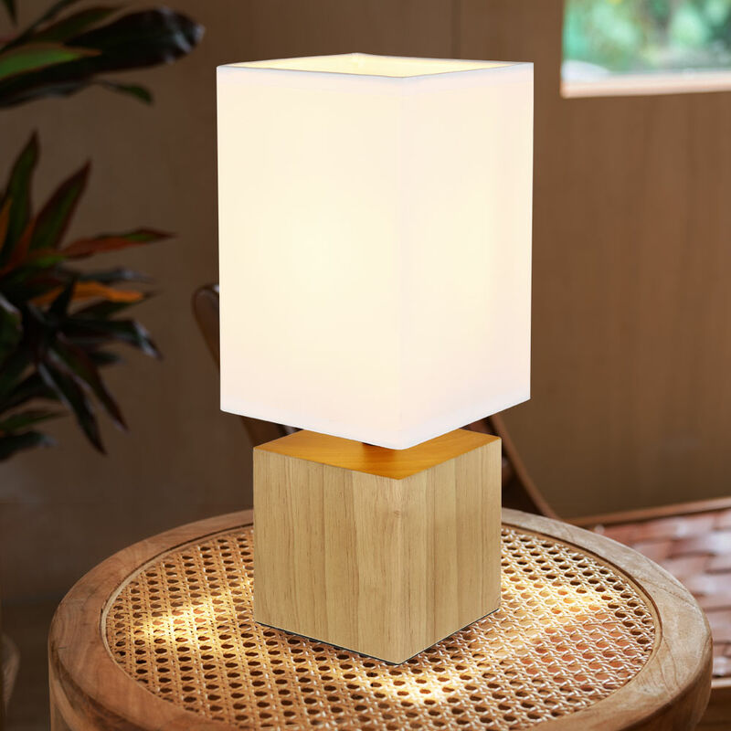 Image of Lampada da tavolo lampada da comodino in legno lampada da tavolo soggiorno lampada da lettura tessuto bianco, quadrato, 1x E27, LxLxH 12x12x30 cm