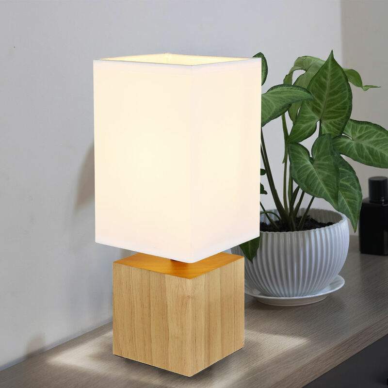 Image of Lampada da tavolo lampada da comodino in legno lampada da tavolo soggiorno lampada da lettura tessuto bianco, quadrato, 1x E27, LxLxH 12x12x30 cm