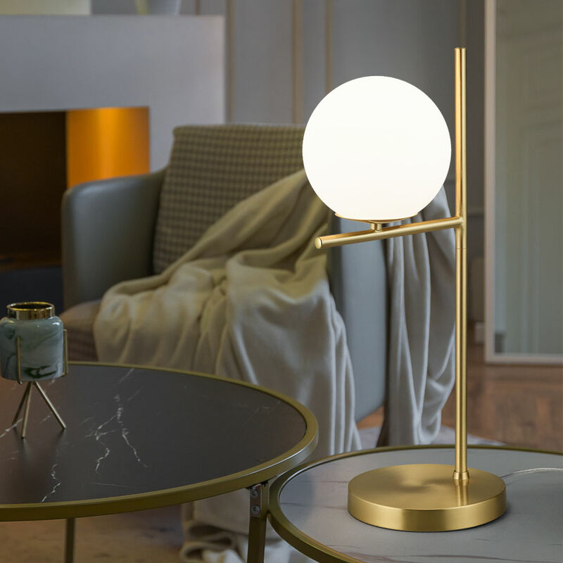 Image of Lampada da tavolo lampada da comodino in ottone lampada da tavolo sfera di vetro bianco, camera da letto metallo vetro opaco, 1x attacco E14, PxH