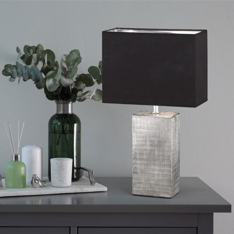 Image of Lampada da tavolo, lampada da comodino, lampada da lettura, lampada da soggiorno, lampada laterale, ceramica argento tessuto nero, 1x E14, h 50 cm