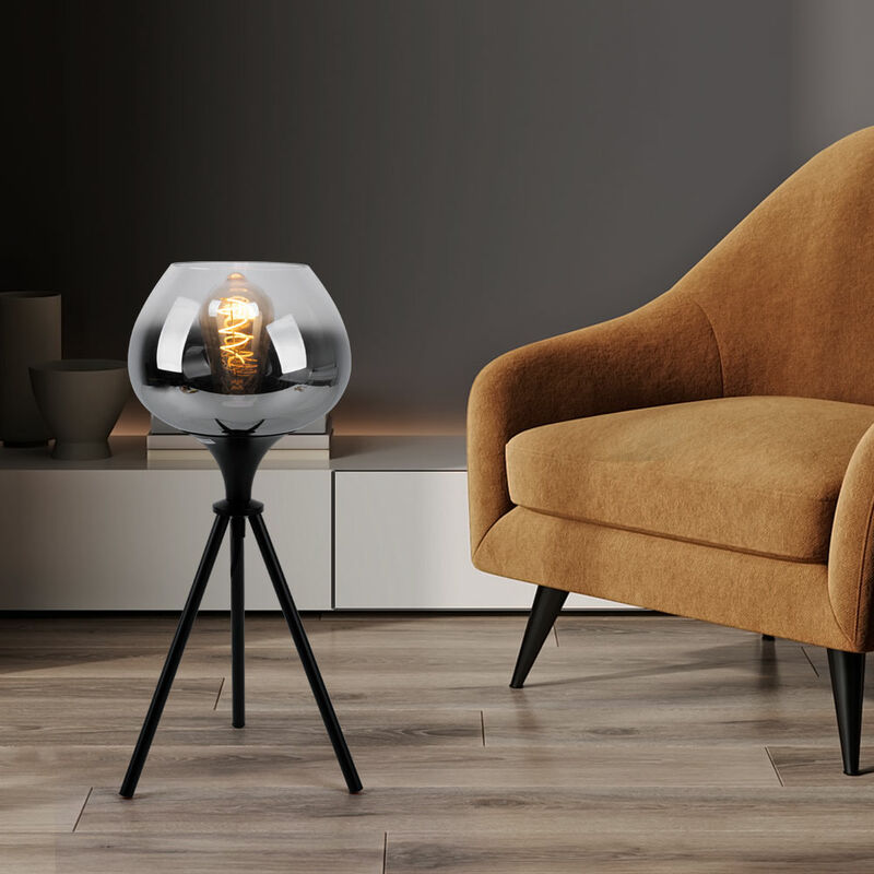 Image of Lampada da tavolo lampada da comodino, lampada da lettura moderna treppiede, lampada da scrivania vetro fumé, metallo, nero, 1x E27, DxH 24x45 cm