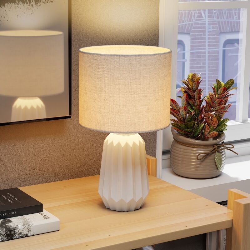 Lampada da tavolo, lampada da comodino, lampada da scrivania con paralume in lino, interruttore a bilanciere, 22x22x39 cm, bianco