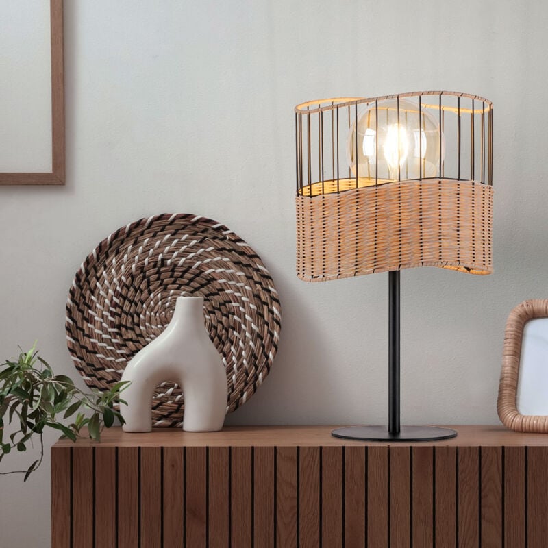 Image of Etc-shop - Lampada da tavolo, lampada da comodino, lampada da tavolo, lampada laterale, lampada da soggiorno, metallo nero, rete di legno boho, 1x