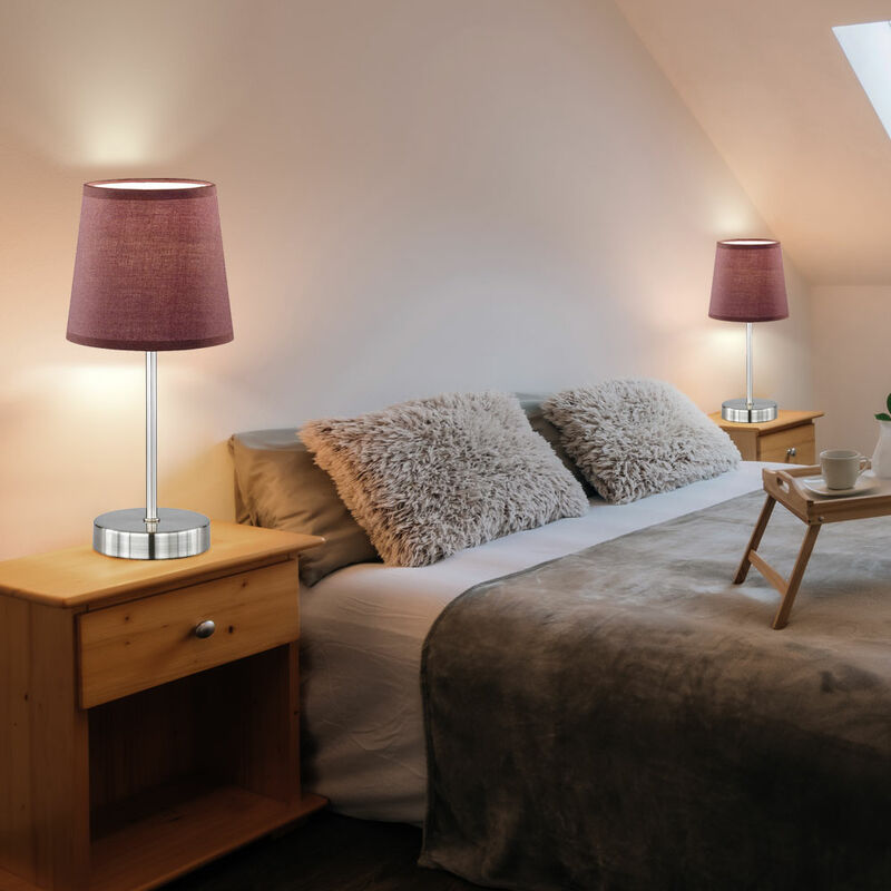 Image of Etc-shop - Lampada da tavolo lampada da comodino lampada laterale lampada da scrivania camera da letto, tessuto marrone metallo nichel opaco, 1x