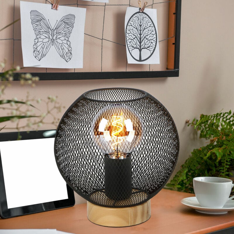 Image of Etc-shop - Lampada da tavolo lampada da comodino lampada vintage in legno design industriale, legno marrone metallo nero, aspetto griglia, 1x attacco