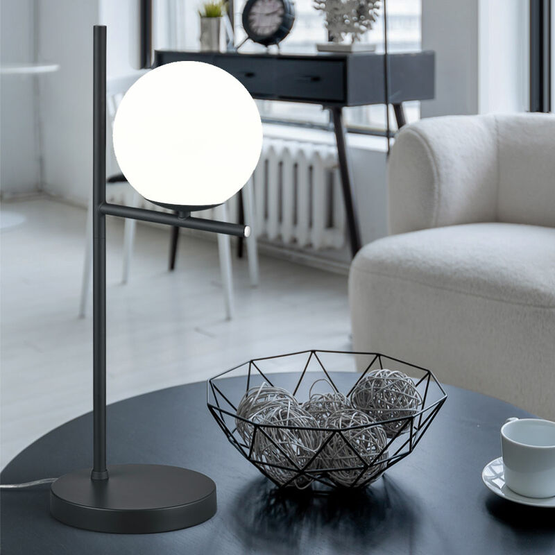 Image of Lampada da tavolo lampada da comodino nera lampada da tavolo palla di vetro bianca, camera da letto in metallo vetro, 1x attacco E14, DxH 18x52cm
