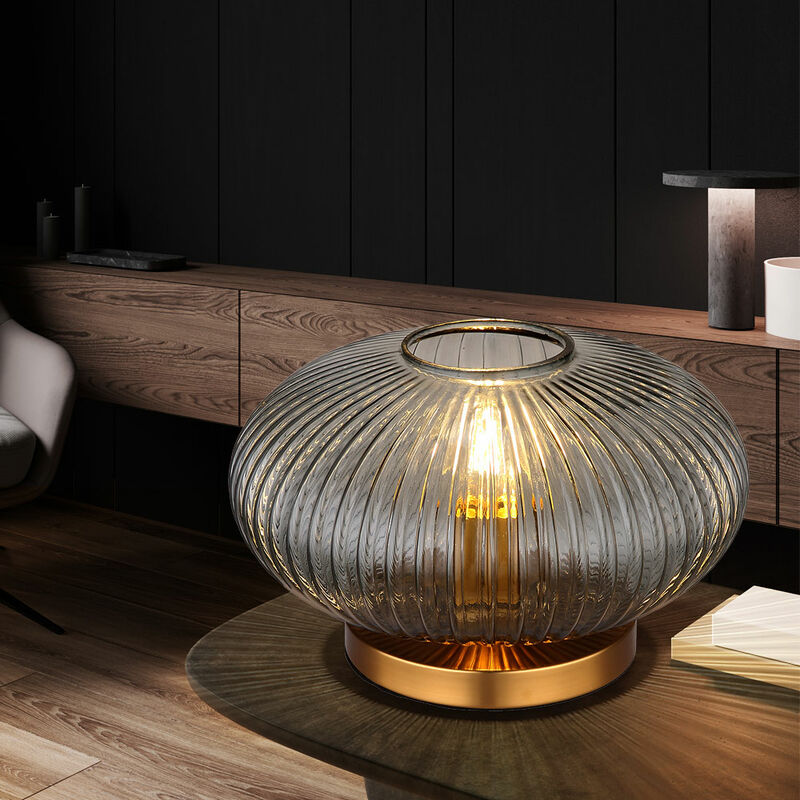 Image of Lampada da tavolo lampada da comodino retrò in vetro fumé lampada da tavolo soggiorno, metallo ottone, 1x E27, DxH 30 x20 cm