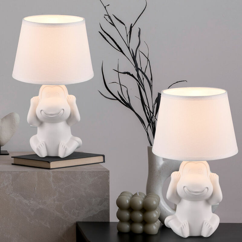 Image of Etc-shop - Lampada da tavolo lampada da comodino scimmia in ceramica bianca lampada laterale scimmia paralume in tessuto, interruttore a filo, 1x